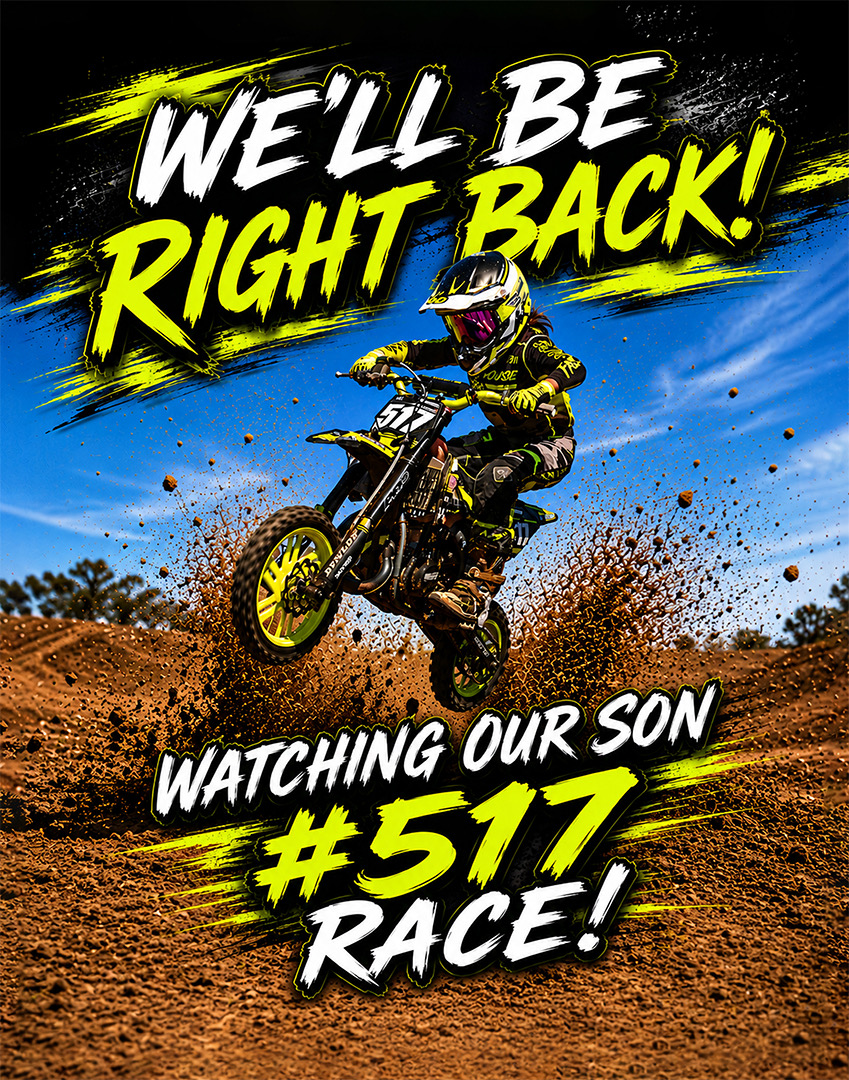 We'll be right back race day banner